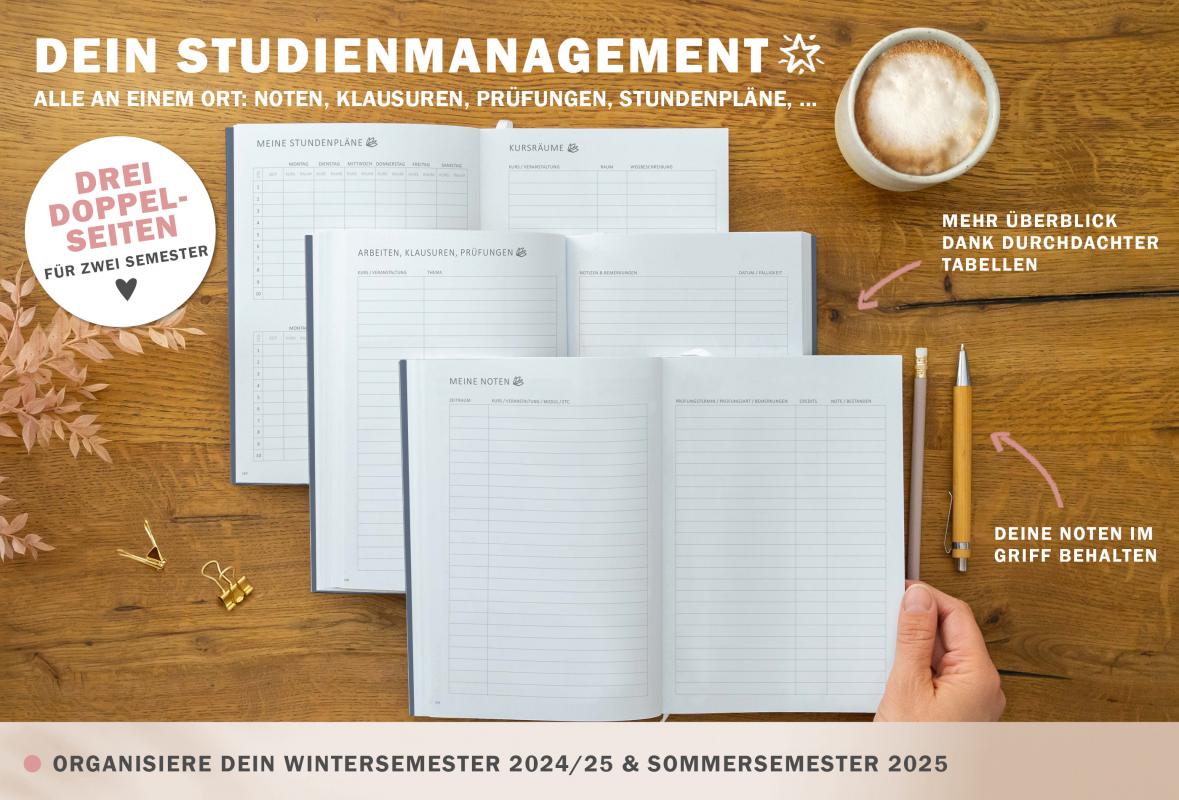 Stundenpläne Studienplaner für Studienjahr 2024 2025, Terminkalender Wintersemester & Sommersemester, eine Woche zwei Seiten, blau